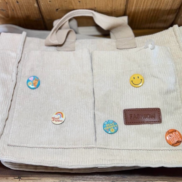 Cream/ Light Tan Corduroy Tote Bag with buttons (Bonus bag free) - Picture 4 of 12